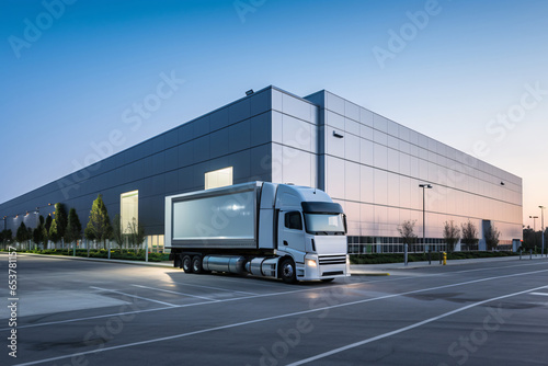 An exterior shot of a large logistics warehouse building with sleek architecture, advanced security systems, and a streamlined design. Generative Ai