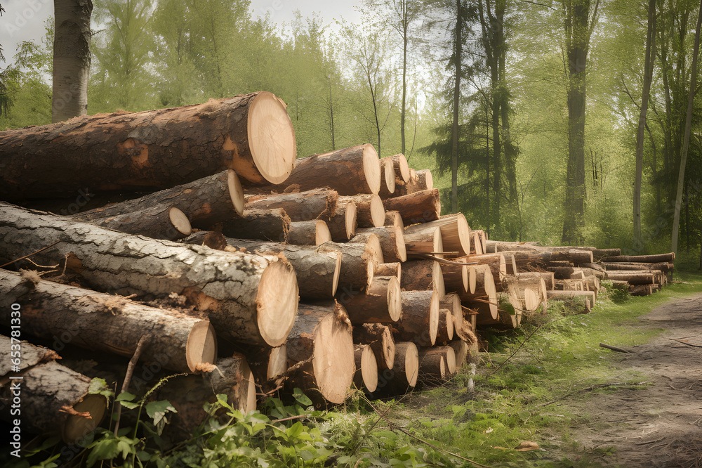 Forest pine and spruce trees. Log trunks pile, the logging timber wood industry. Wide banner or panorama wooden trunks. Forest pine and spruce trees. Log trunks pile, the logging timber wood industry. Wide banner or panorama wooden trunks.