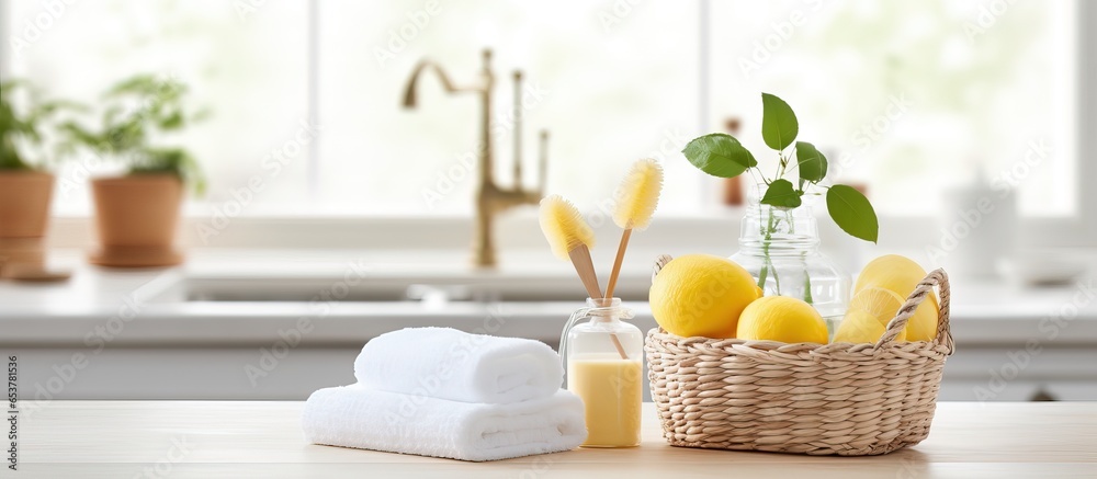 Cleaning supplies in a basket with a modern kitchen in the background representing house cleaning