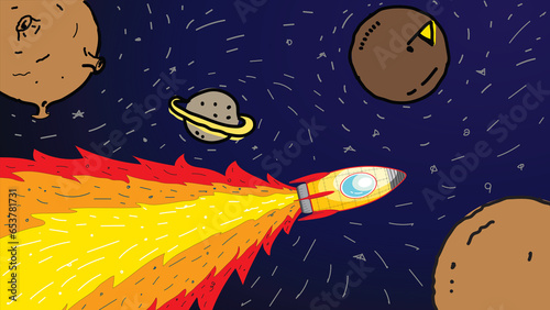 Space Ship fly in the sky background