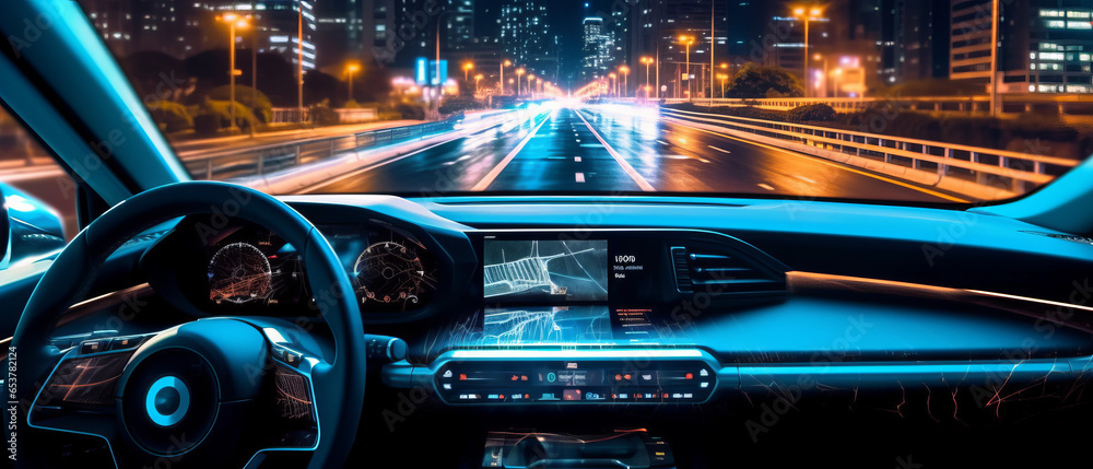 digital screen lighting of high technology self driving speedometer online on cockpit .generative ai
