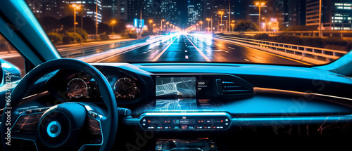digital screen lighting of high technology self driving speedometer online on cockpit .generative ai © JKLoma