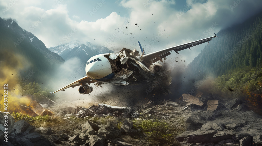 Fototapeta premium Dramatic plane crash on mountain. Airplane emergency accident concept.