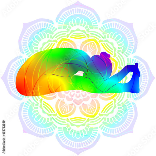 Colorful silhouette yoga posture. Seated Forward Bend 3 pose or Intense West Stretch pose. Paschimottanasana C. Seated and Forward Bend. Isolated vector illustration. Mandala background.