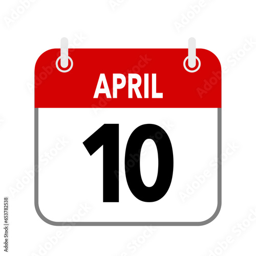 10 April, calendar date icon on white background.