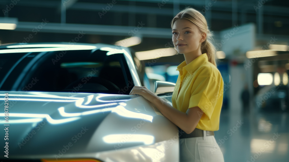 female worker checking detailing expert EV car getting ready to use female worker checking detailing expert EV car getting ready to use