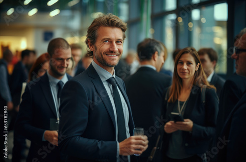 At a banquet  a gentleman in a suit smiled at the camera with a glass 