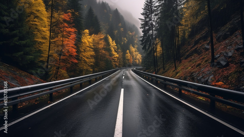Driving on the motorway on a dark moody day with autumn colorful leaves.generative ai photo