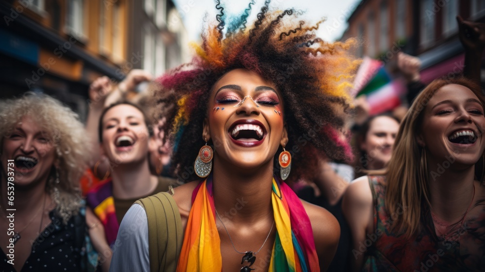 Photo of very happy members of the LGBTQI+ community standing together to celebrate pride, love and diversity - created with Generative AI technology Photo of very happy members of the LGBTQI+ community standing together to celebrate pride, love and diversity - created with Generative AI technology