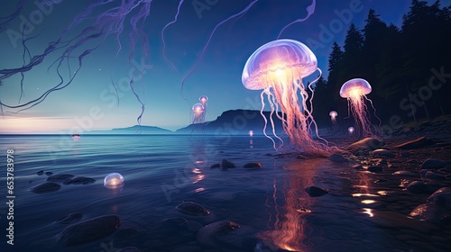Surreal Dreamy Seascape with Floating Rocks and Glowing Jellyfish