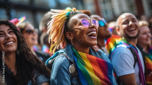 Photo of very happy members of the LGBTQI+ community standing together to celebrate pride, love and diversity - created with Generative AI technology