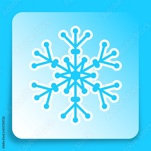 Winter snowflake icon on paper square sticker with shadow. Six pointed fluffy snowflake symbol of winter weather for mobile app. Button for mobile application or web. Vector on blue background