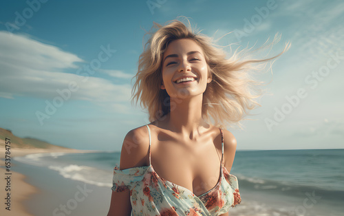 Happiness of excited blonde woman smiling wide amidst the beach. 