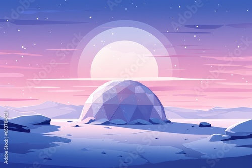 Igloo ice hotel on a snowy plain with sunset during magic winter night. Generative Ai.