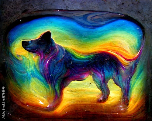 beautiful pattern of ranbow colored dog on liquid marble surreal  photo