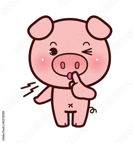 Hush. Little Pig asking for silence or secrecy with finger on lips shhh hand gesture, cartoon chibi style