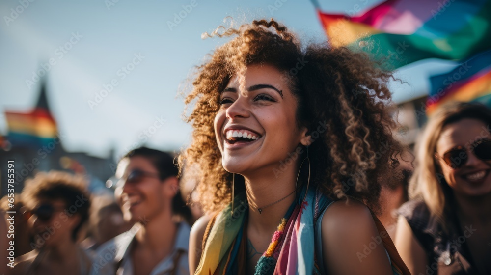 Portraits of very happy members of the LGBTQI+ community standing together to celebrate pride, love and diversity - created with Generative AI technology