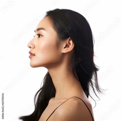 closeup side profile portrait of beautiful asian woman with hair. perfect face structure. isolated on white background. ad for earring and accessoires. Generative AI photo