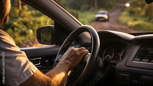 Side view of crop anonymous male driver holding steering wheel while driving car in countryside