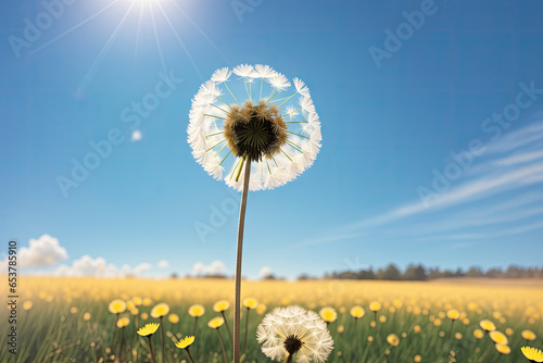 Dandelion seeds in the sunlight blowing away across a fresh green morning background  generative ai