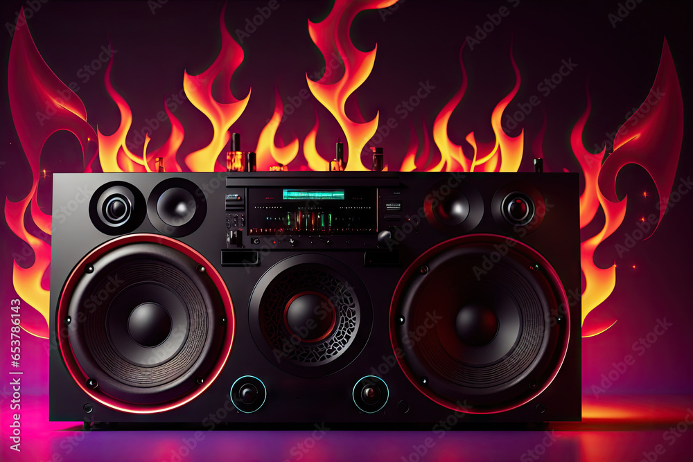Fototapeta premium Modern loudspeakers on table against dark background with colorful flames, generative ai