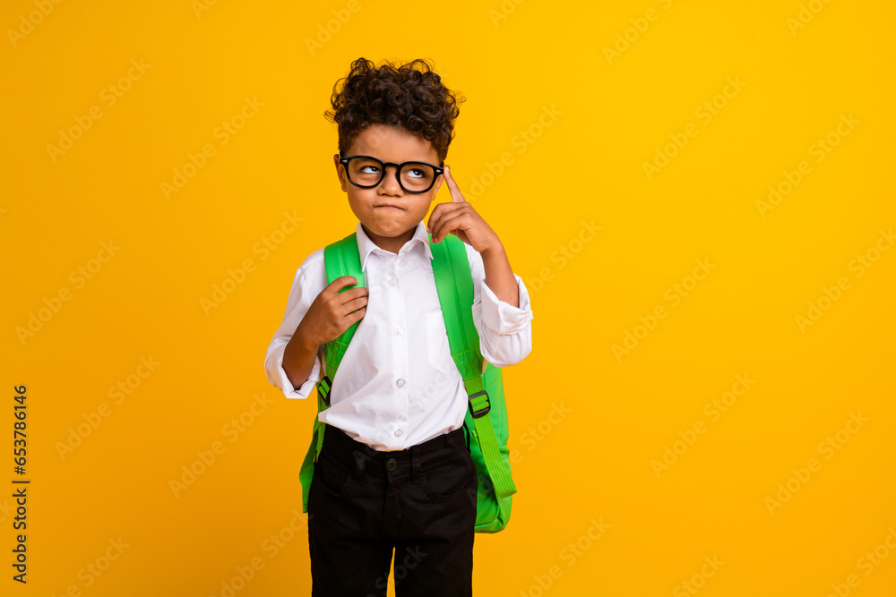 Portrait of smart minded boy with wavy hairdo wear stylish shirt touch glasses look empty space isolated on yellow color background Portrait of smart minded boy with wavy hairdo wear stylish shirt touch glasses look empty space isolated on yellow color background
