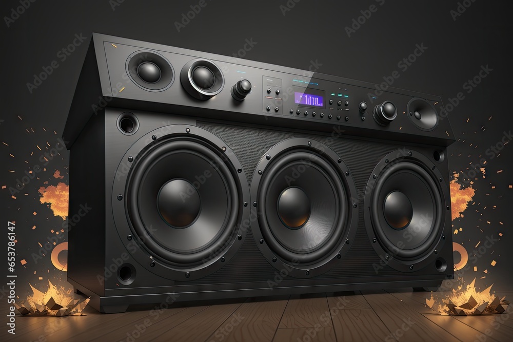 Modern loudspeakers on table against dark background with colorful flames, generative ai Modern loudspeakers on table against dark background with colorful flames, generative ai
