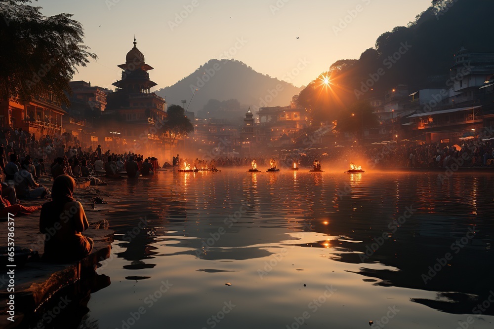 devotees and the serene landscapes near the Kosi River in Haridwar, India,Generated with AI