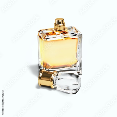Elegant transparent perfume bottle on desk