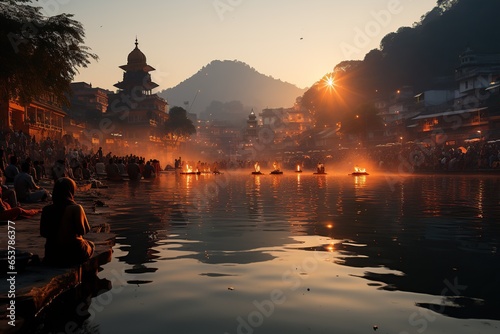 devotees and the serene landscapes near the Kosi River in Haridwar, India,Generated with AI