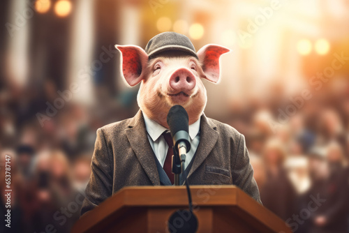 Politician liar as a pig gives people impossible promises speaking from the tribune. Generative AI photo
