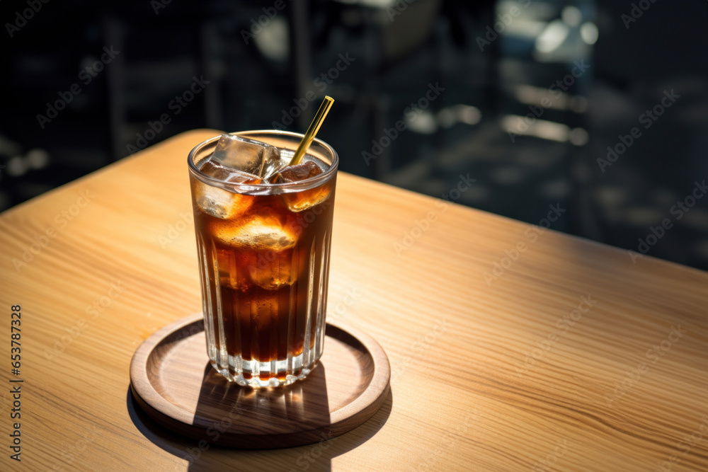 Americano coffee or iced coffee without milk in a tall glass with straw on the table. Americano coffee or iced coffee without milk in a tall glass with straw on the table.