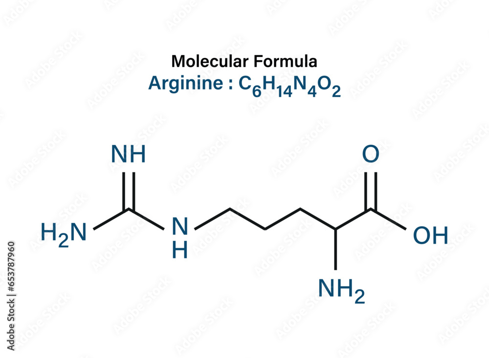 Chemical formula of Arginine (Amino Acid in Skincare) molecule skeletal vector illustration. Chemical formula of Arginine (Amino Acid in Skincare) molecule skeletal vector illustration.