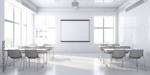 frontal view empty clean classroom with white board. © JKLoma