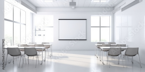 frontal view empty clean classroom with white board.