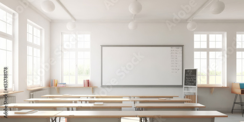 frontal view empty clean classroom with white board. photo