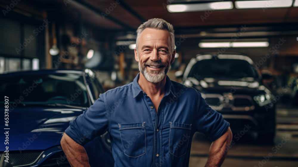 Portrait of a smiling auto mechanic in uniform. Standing at own car repair shop background Car repair and maintenance Male repairman smiling and looking at camera Portrait of a smiling auto mechanic in uniform. Standing at own car repair shop background Car repair and maintenance Male repairman smiling and looking at camera