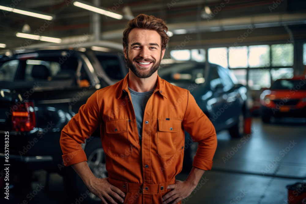 Portrait of a smiling auto mechanic in uniform. Standing at own car repair shop background Car repair and maintenance Male repairman smiling and looking at camera Portrait of a smiling auto mechanic in uniform. Standing at own car repair shop background Car repair and maintenance Male repairman smiling and looking at camera