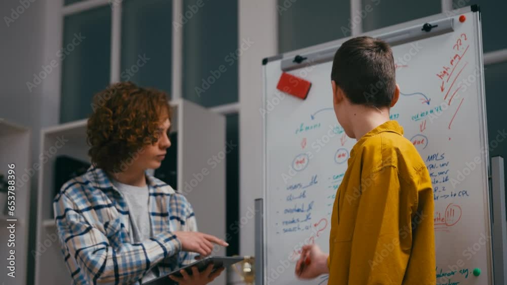 Two teenage students presenting IT project near whiteboard in front of class