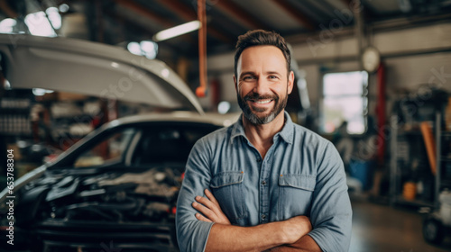 A car mechanic smiles happily in his uniform. Standing at own car repair shop background Car repair and maintenance Male repairman smiling and looking at camera