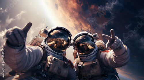 A couple of astronauts take a selfie in outer space
