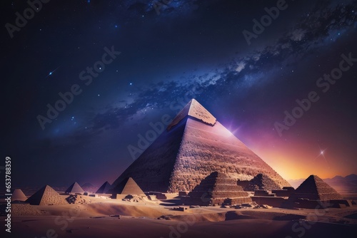 ancient Egyptian pyramids of Giza at night