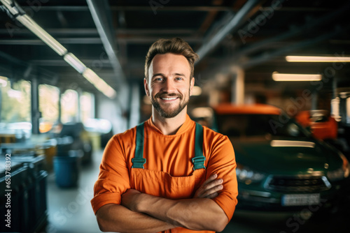 Portrait of a smiling auto mechanic in uniform. Standing at own car repair shop background Car repair and maintenance Male repairman smiling and looking at camera