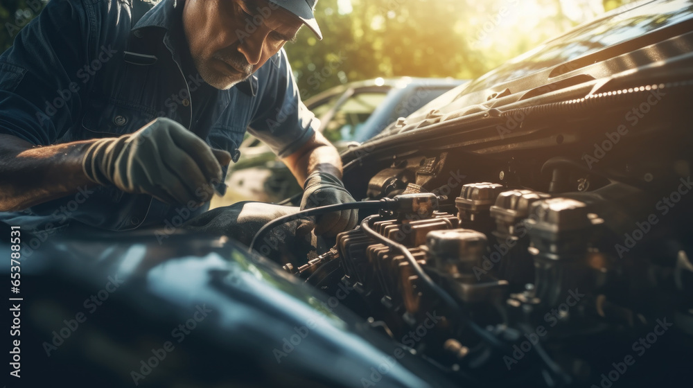 A technician or auto mechanic works in a car repair shop. Car maintenance service Checking the engine system and electrical system inside the car. - obrazy, fototapety, plakaty 