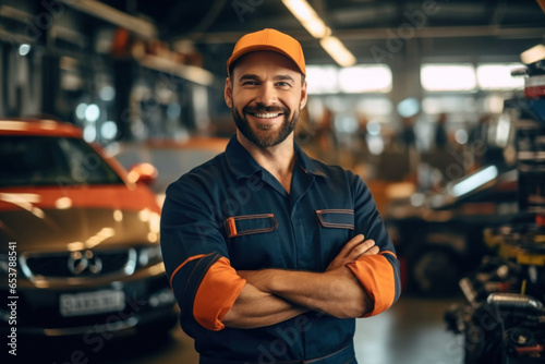 A car mechanic smiles happily in his uniform. Standing at own car repair shop background Car repair and maintenance Male repairman smiling and looking at camera