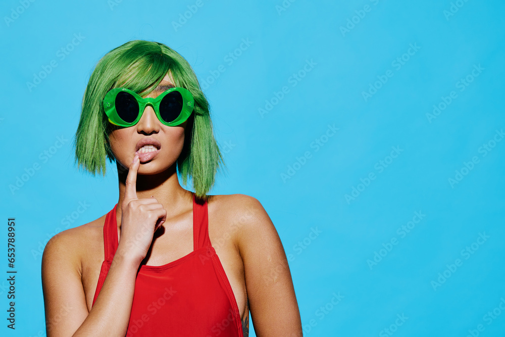 Woman sunglasses wig swimsuit summer beauty casual fashion portrait trendy smile