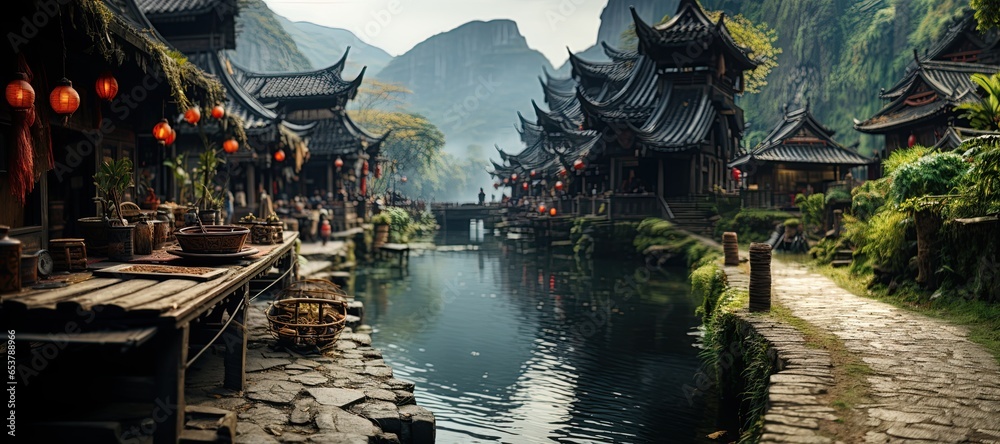 Yangshuo minority culture in China,Generated with AI - obrazy, fototapety, plakaty 