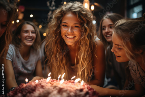 Teenage girl celebrating birthday with friends with birthday cake A teenage girl is blowing out birthday candles with her friends.