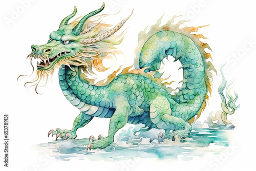 Green watercolor style dragon isolated on white background. Chinese New Year 2024 zodiac sign, year of the Dragon. Mythological creature. Illustration of fantastic monster for postcard, book, poster. © ita_tinta_