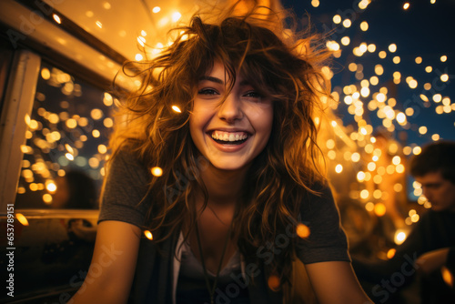 A teenage girl is celebrating a party with her friends with colorful lights at night and a teenage girl is having fun with her friends.